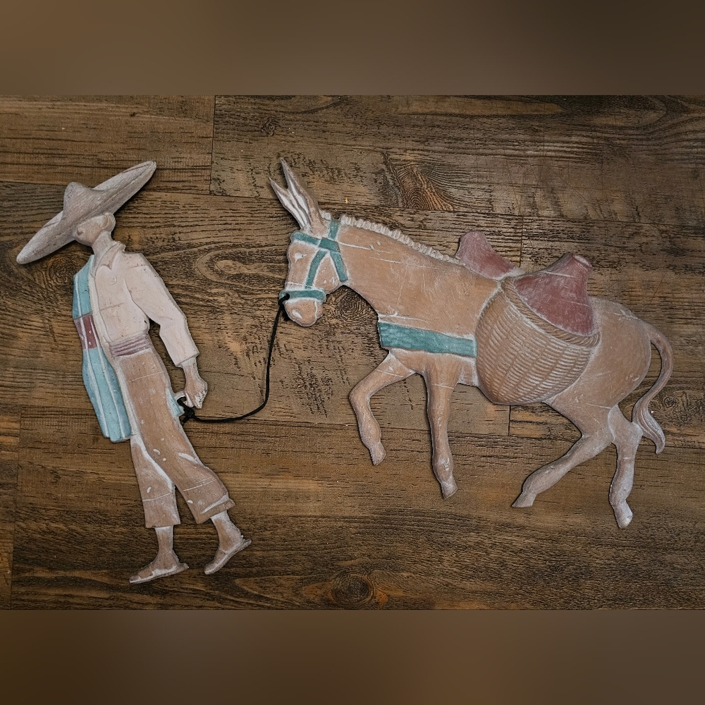 VINTAGE Southwest/Aztec/Mexican Man & Burro/Donkey Cast Metal Wall Art